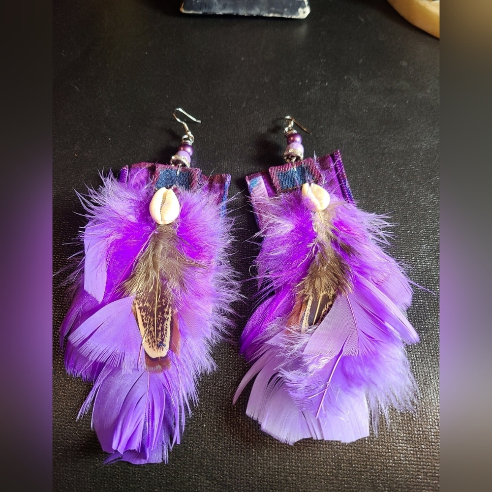 5 inches Bohemian style feathers /purple /lavender colors  cowrie shells denim f